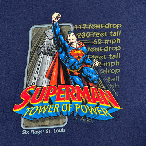 Vintage Superman Shirt Adult LARGE Blue Tower of Power Six Flags Theme Park Y2K - Picture 2 of 6